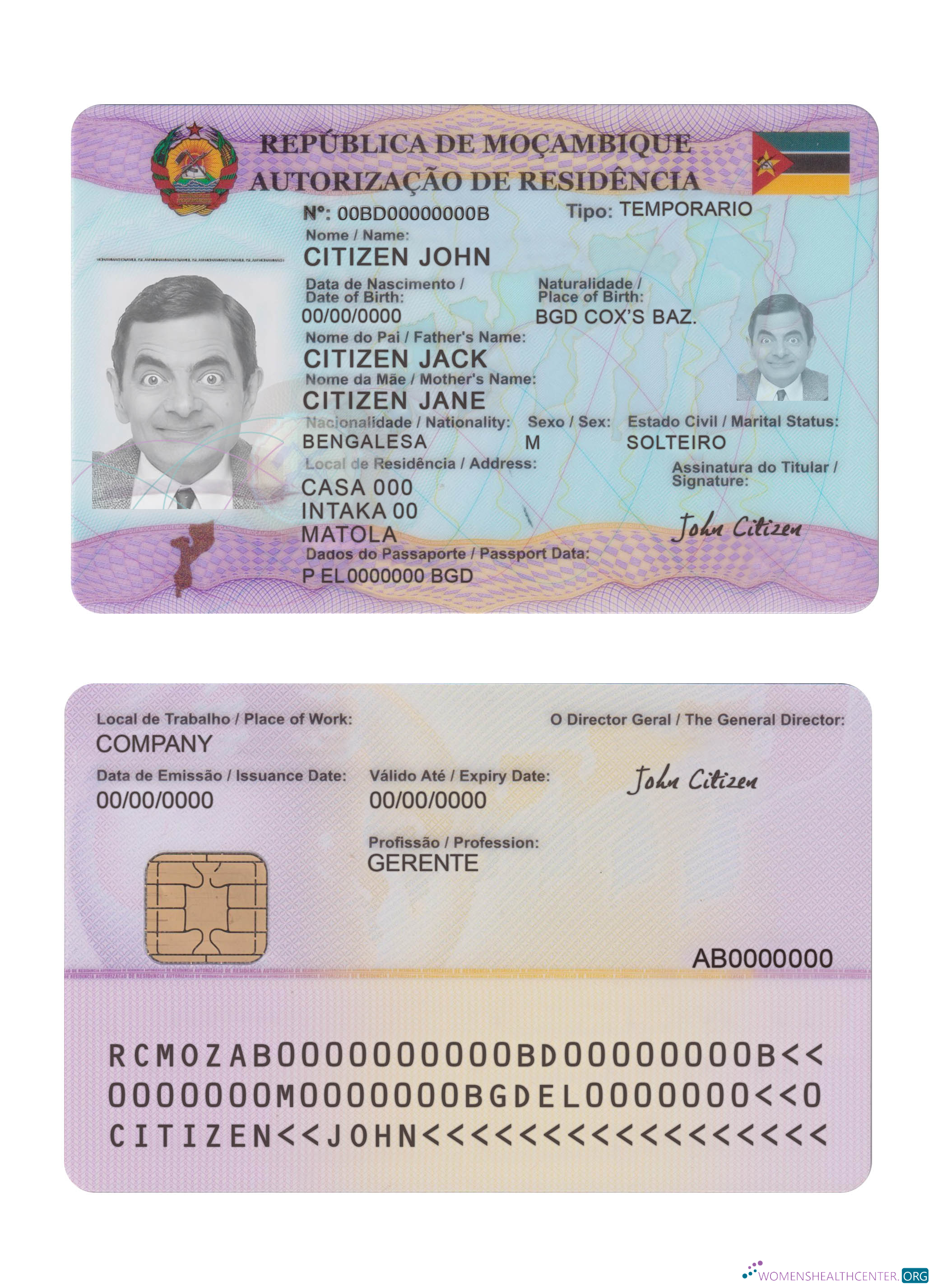 Download Mozambique residence card Photoshop template